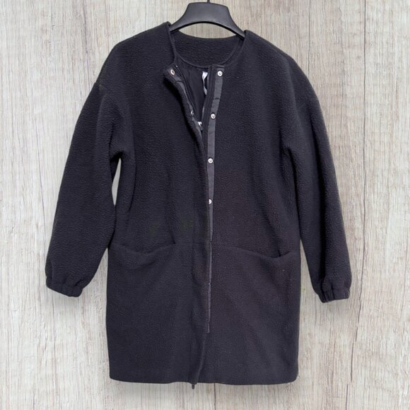 Fabletics Black Fleece Longline Snap Jacket Coat Womens Small Cozy Athleisure S - Picture 1 of 3